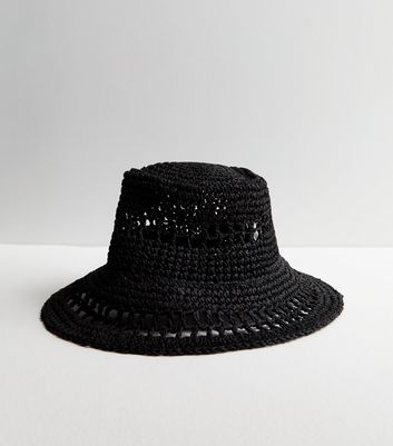 Black Straw Crochet Bucket Hat | New Look