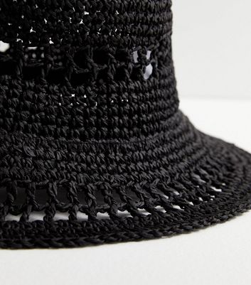 Black Straw Crochet Bucket Hat New Look
