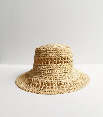Stone Straw Effect Crochet Packable Bucket Hat New Look