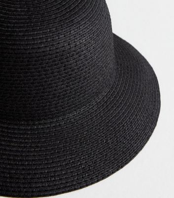 Black Straw Effect Packable Bucket Hat New Look