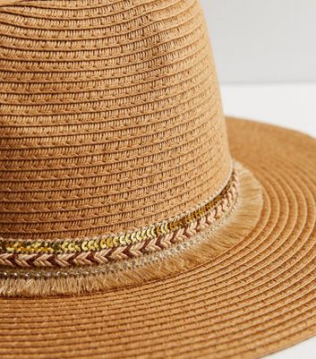 Tan Straw Effect Embellished Fedora Hat New Look