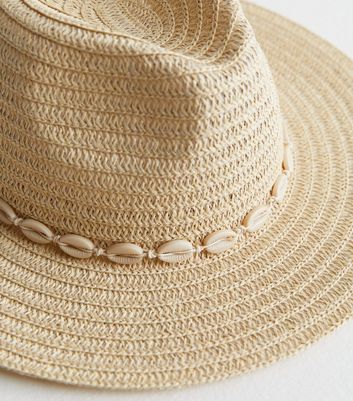 Stone Straw Effect Shell Trim Packable Fedora Hat New Look