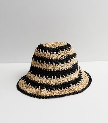 Black Stripe Straw Effect Packable Floppy Bucket Hat New Look