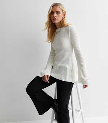 Petite Off White Ribbed Knit Flared Sleeve Jumper