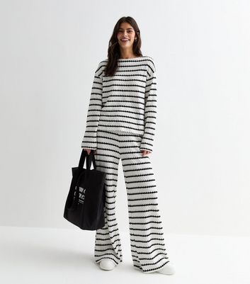 Off White Stitch Stripe High Waist Wide Leg Trousers | New Look