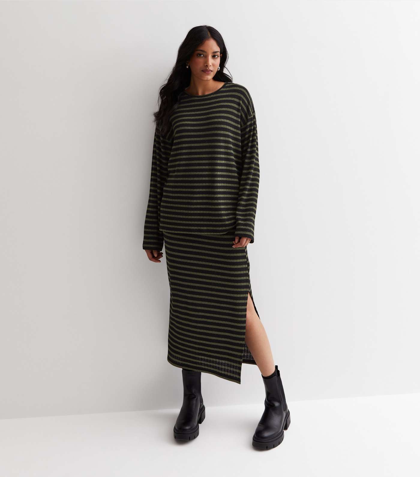 Green Stripe Textured Knit Long Sleeve Top Image 3