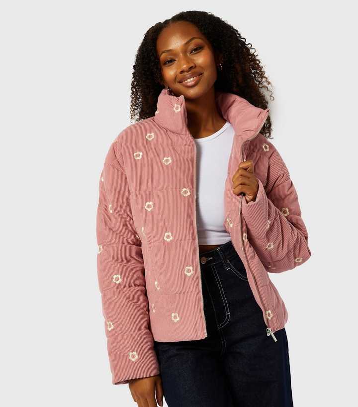 Skinnydip Mid Pink Daisy Embroidered Cord Puffer Jacket