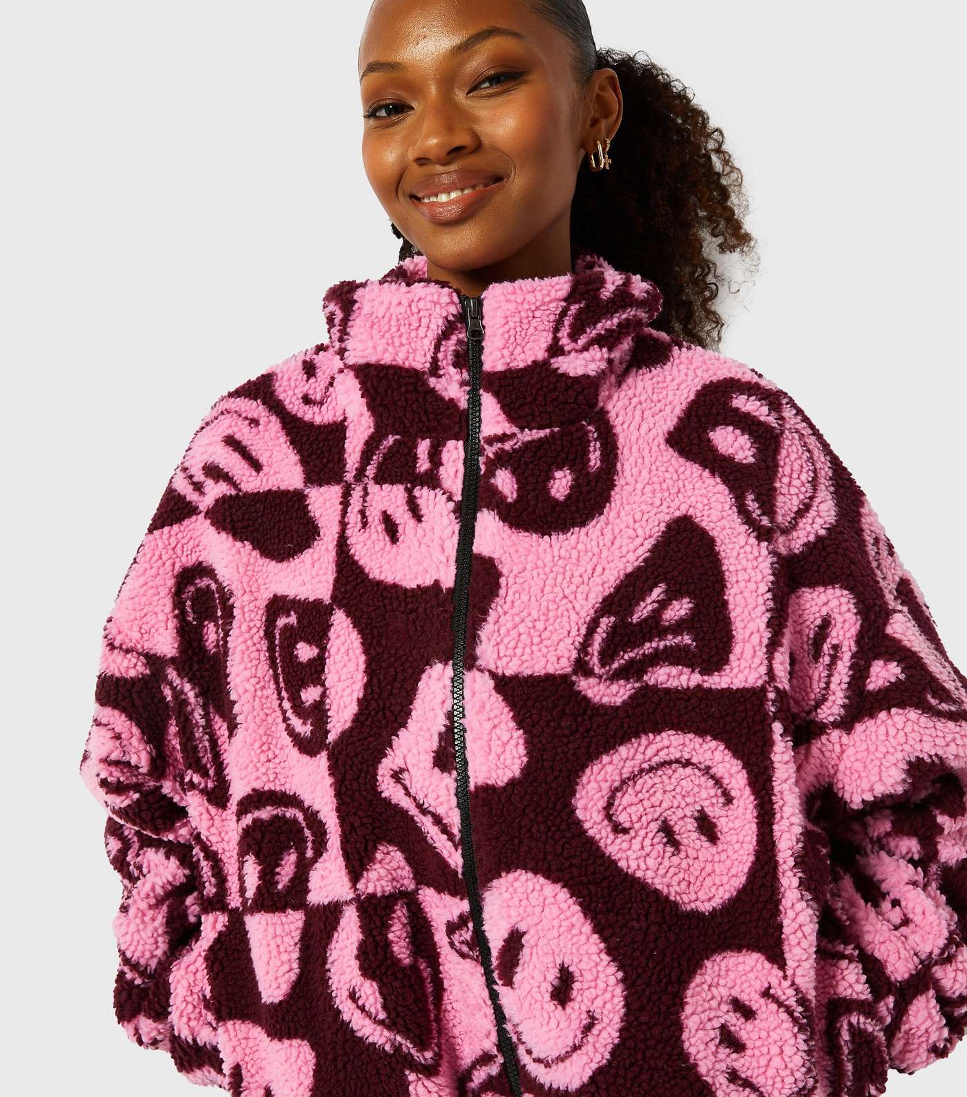 Skinnydip Mid Pink Happy Face Print Fleece Jacket Image 2