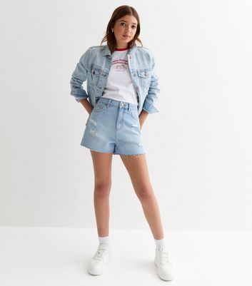 Girls Pale Blue Denim Ripped Mom Shorts New Look