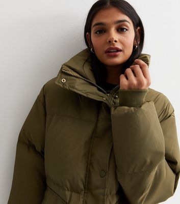 Gini London Olive High Neck Long Puffer Coat New Look