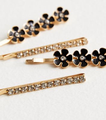 4 Pack Black Flower and Diamanté Hair Grips New Look