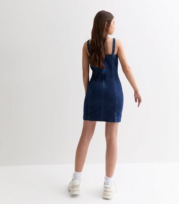 Girls Blue Denim Square Neck Mini Dress New Look