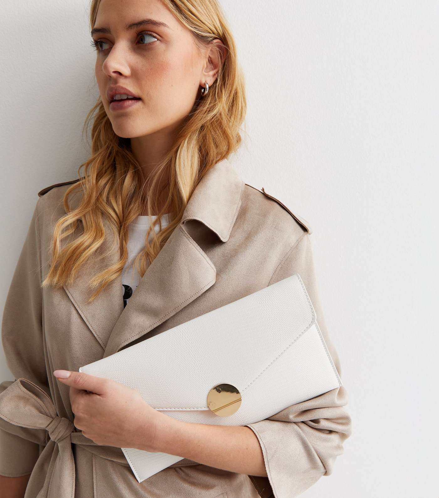 White Leather-Look Envelope Clutch Bag Image 2