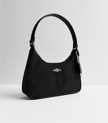 Black Enamel Logo Shoulder Bag | New Look