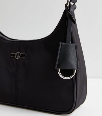 Black Enamel Logo Shoulder Bag | New Look