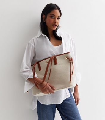 Stone Canvas Tote and Cross Body Bag Duo New Look