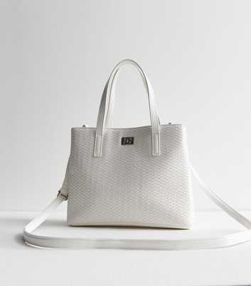White Leather-Look Woven cross Body Tote Bag
