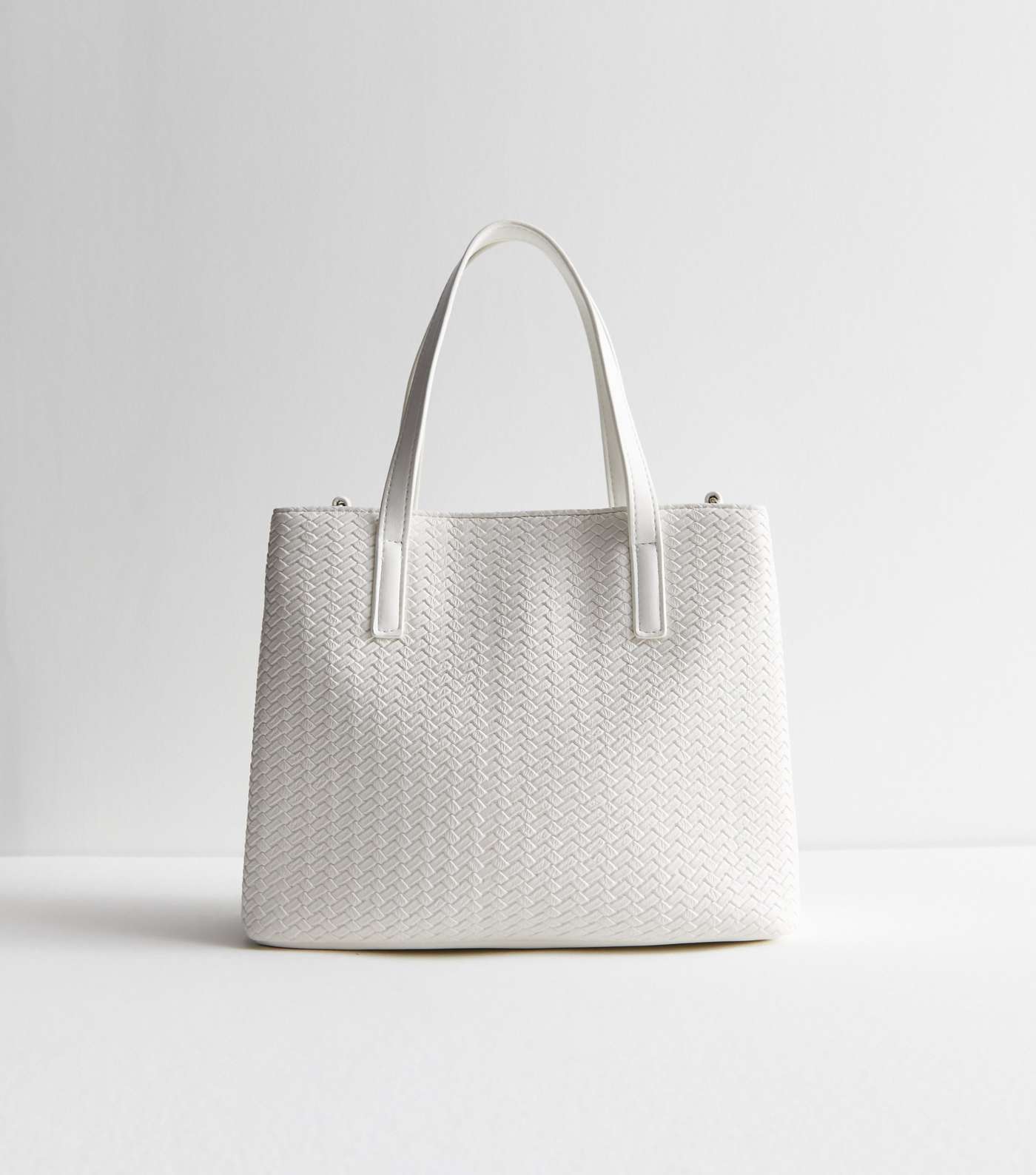 White Leather-Look Woven cross Body Tote Bag Image 4