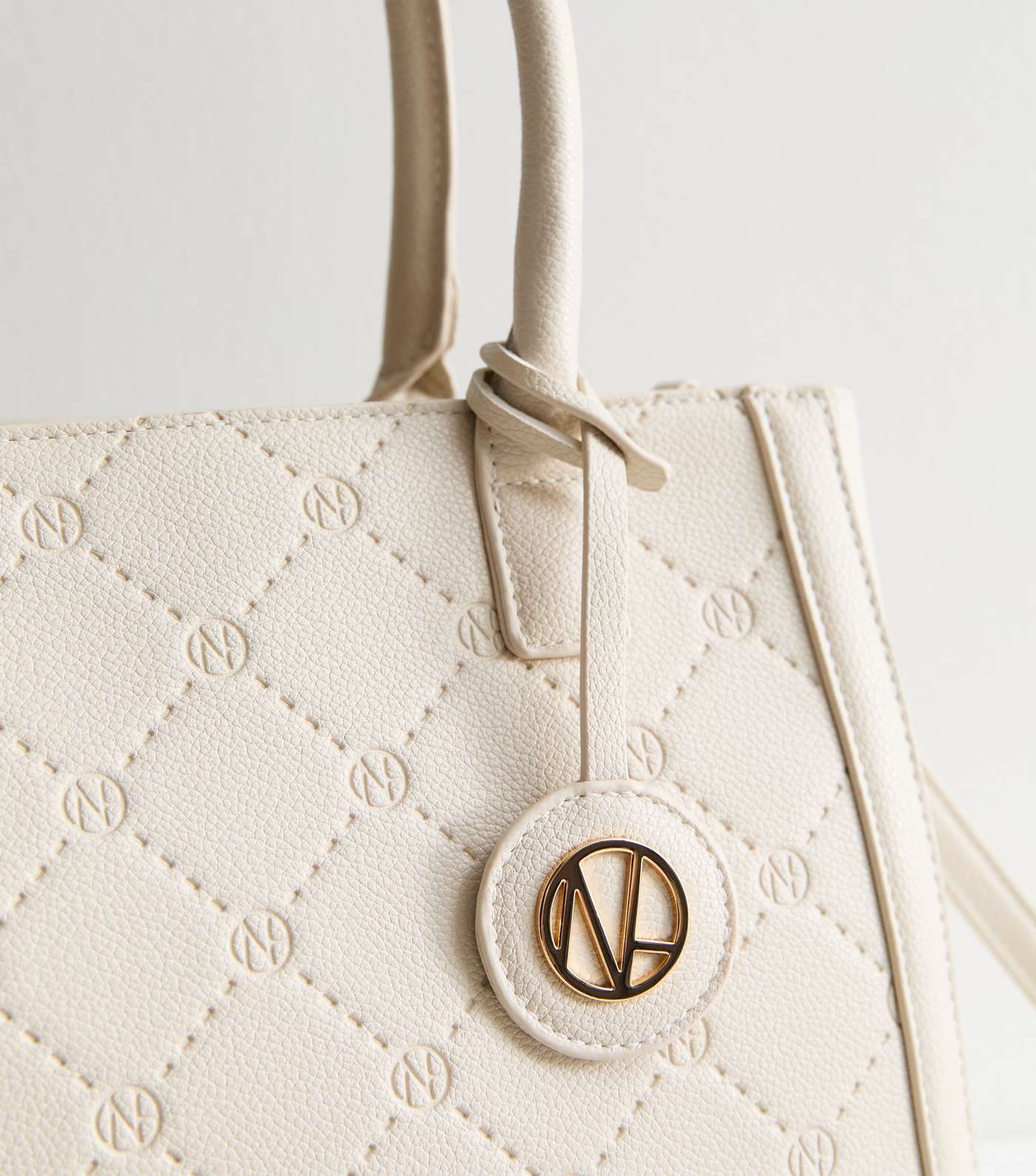 Cream Leather-Look Debossed Tote Bag Image 3