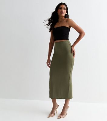 Khaki Slinky Jersey High Waist Midi Skirt New Look