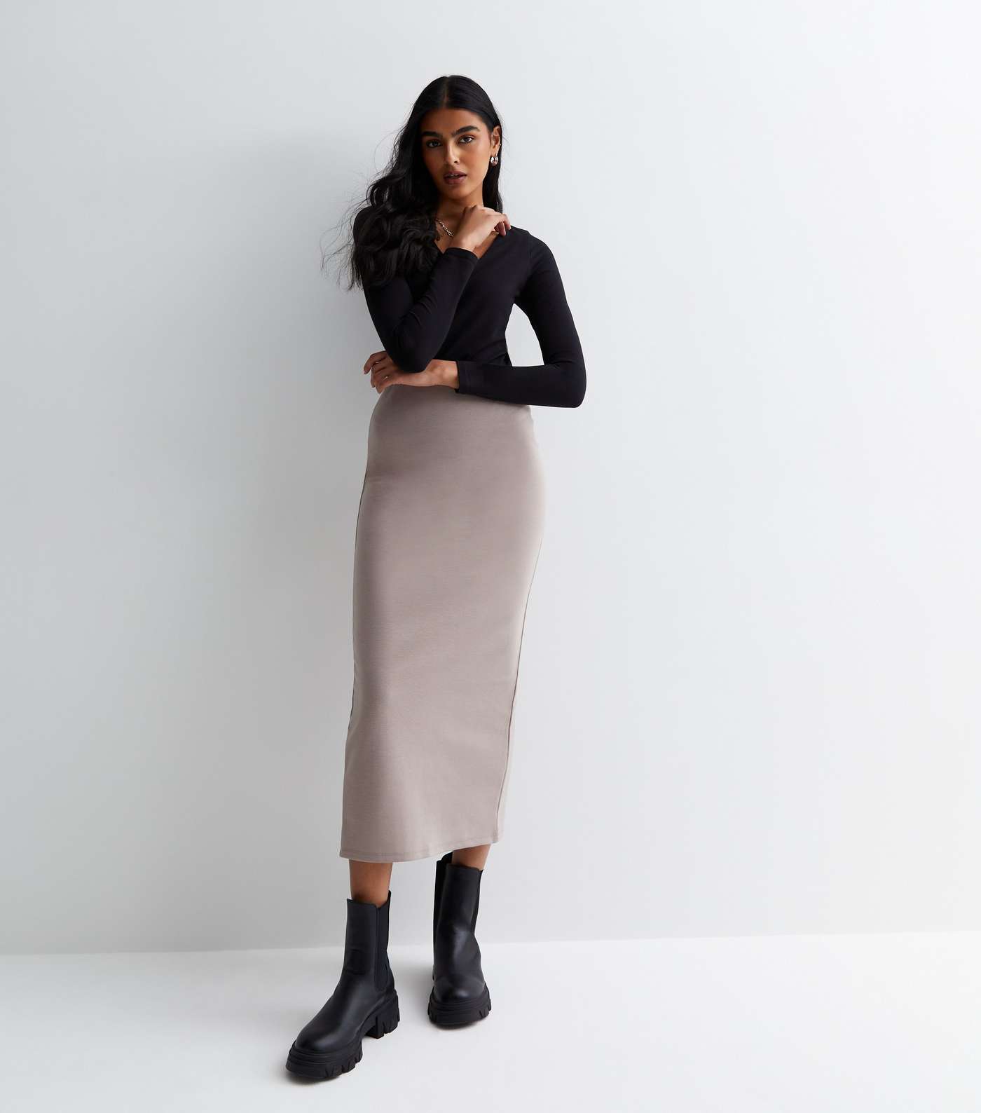Stone Jersey Split Hem Midi Skirt Image 3