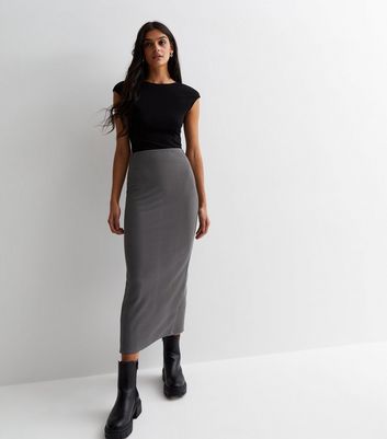 Grey Ribbed Jersey Midi Skirt | New Look