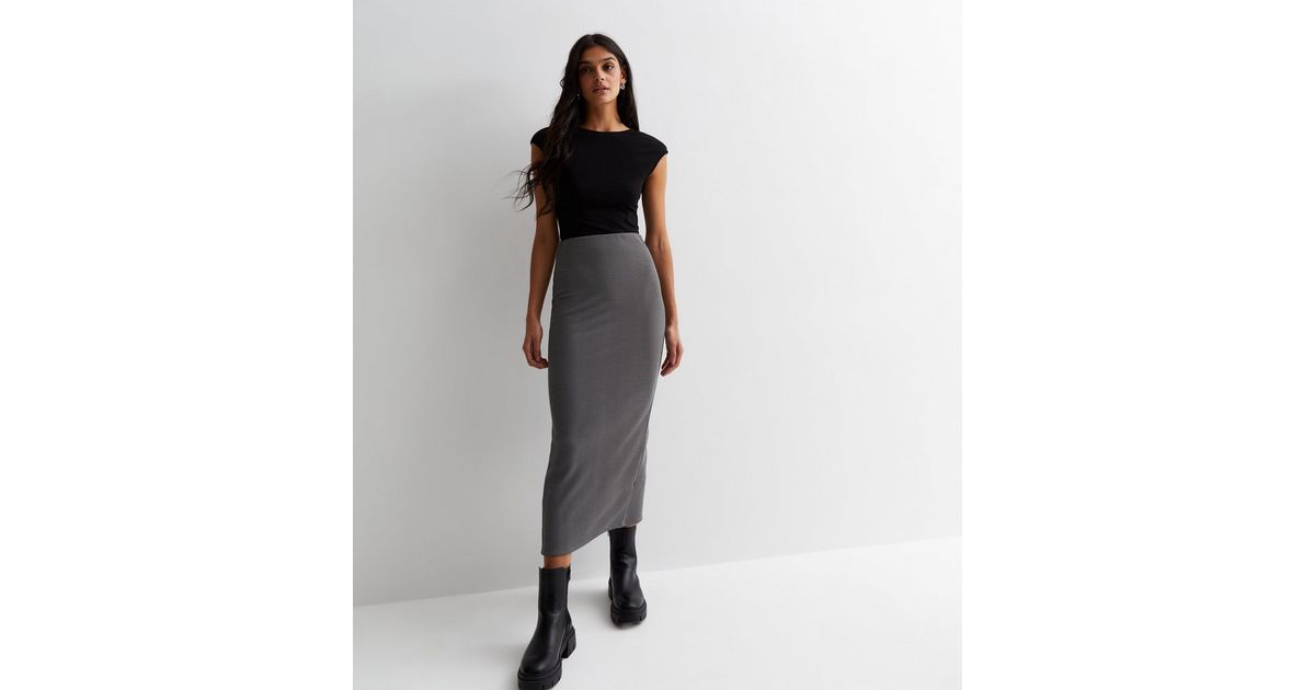 Grey Ribbed Jersey Midi Skirt | New Look