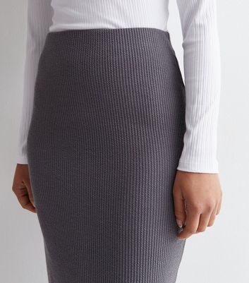 Petite Dark Grey Ribbed Jersey Midi Skirt New Look