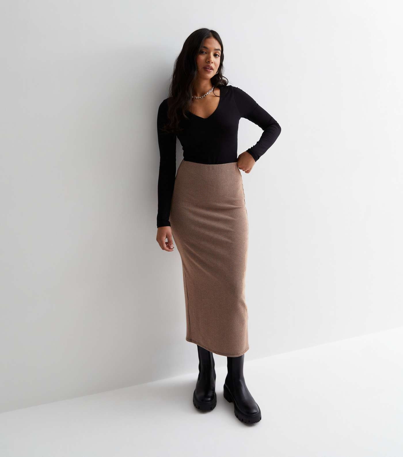 Petite Light Brown Ribbed Jersey Midi Skirt Image 3