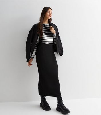 Black Ribbed Jersey Midi Skirt New Look