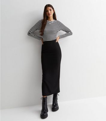 Black Ribbed Jersey Midi Skirt New Look