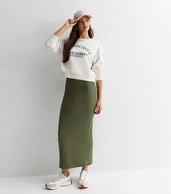 Khaki Ribbed Jersey Midi Skirt New Look