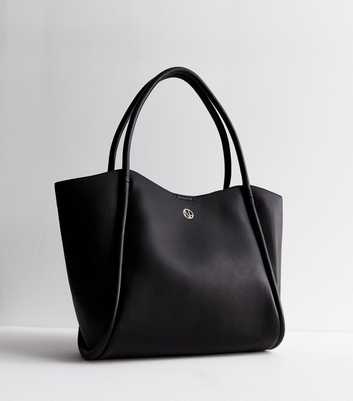 Black Leather-Look Rolled Seam Tote Bag
