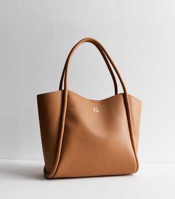 Tan Leather-Look Rolled Seam Tote Bag