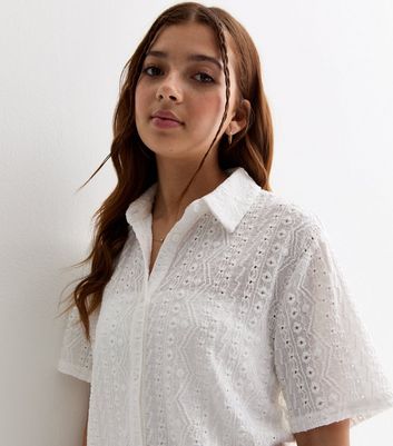 Girls White Broderie Short Sleeve Shirt New Look