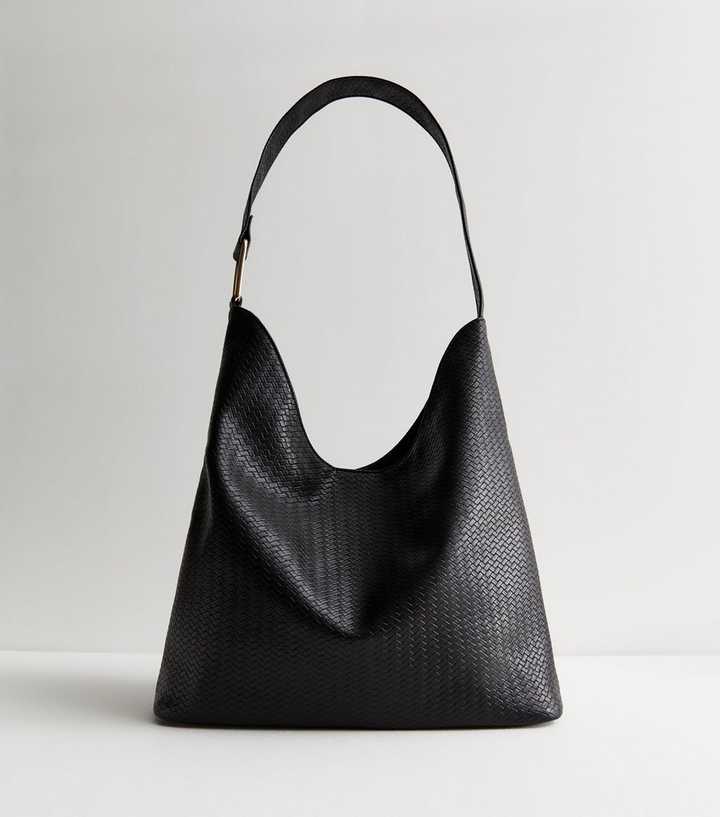 Black Woven Leather-Look Shoulder Bag