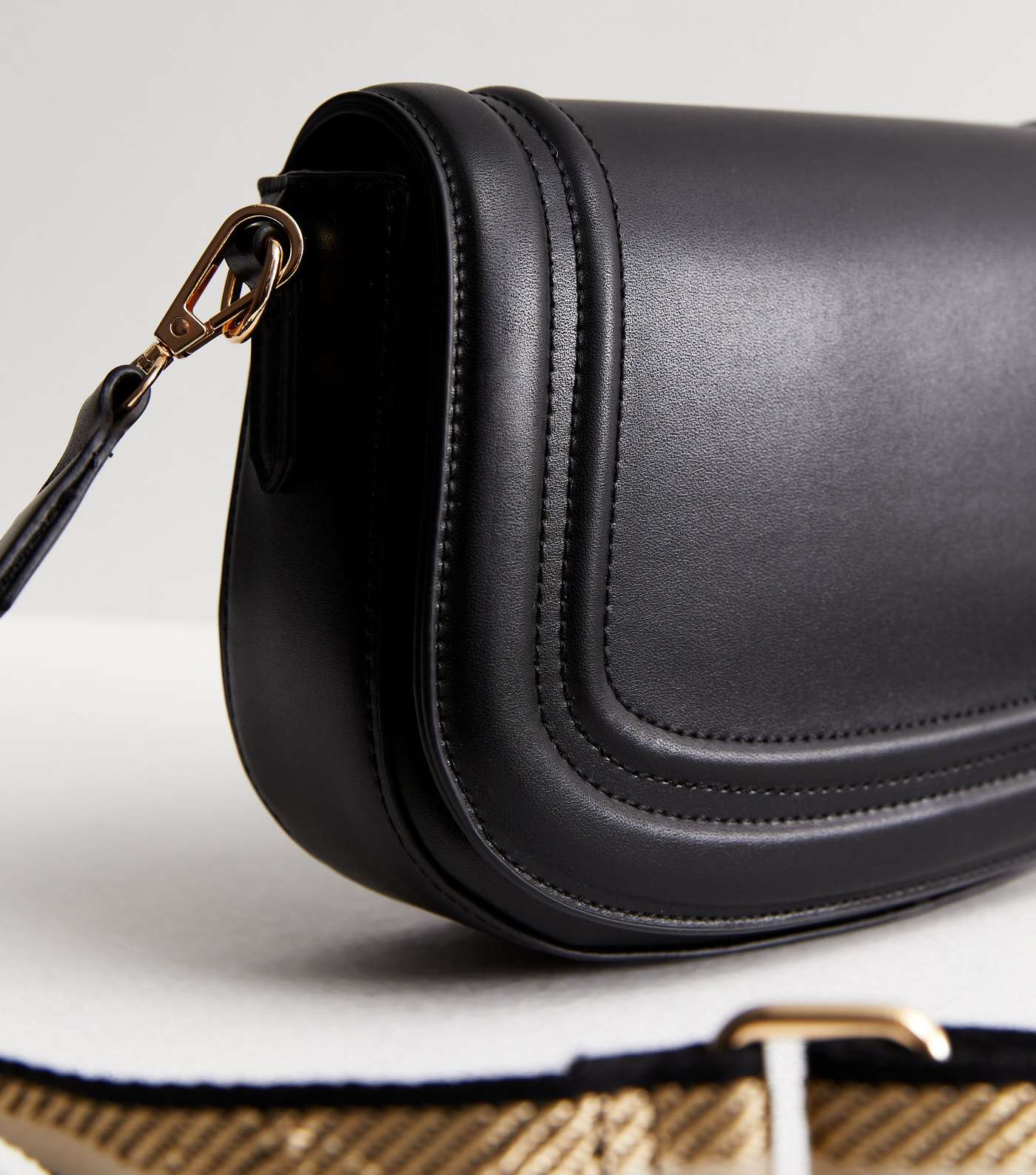 Black Leather-Look Webbed Strap Cross Body Saddle Bag Image 3