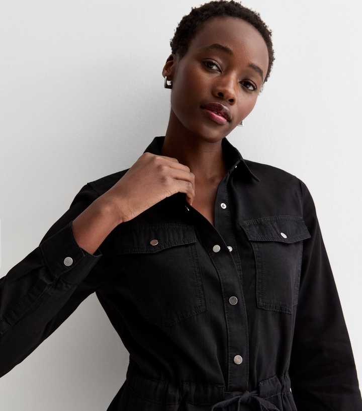 Tall Black Lightweight Denim Drawstring Mini Shirt Dress