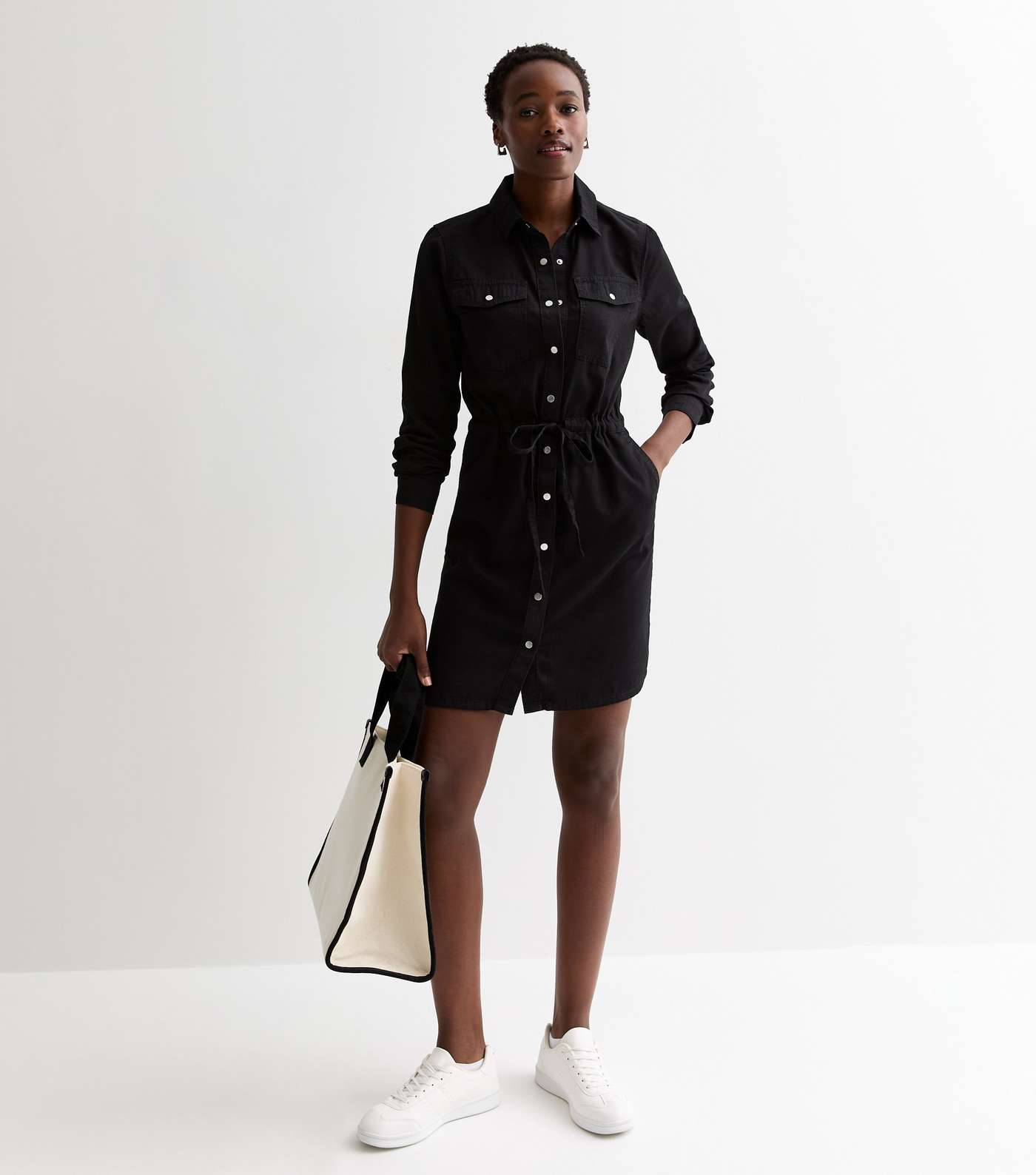 Tall Black Lightweight Denim Drawstring Mini Shirt Dress Image 3