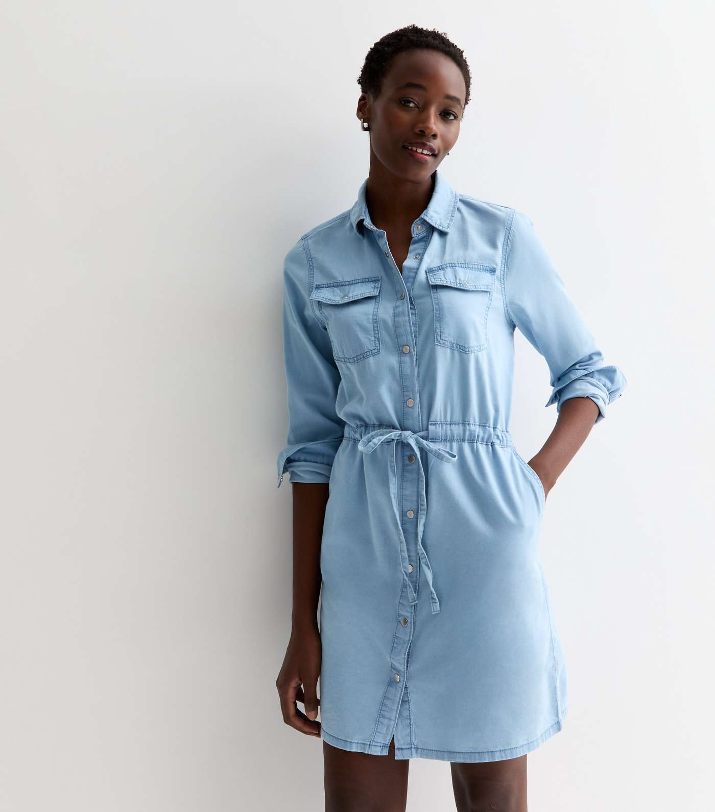 Tall Blue Lightweight Denim Drawstring Mini Shirt Dress Image 3