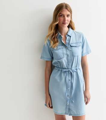Tall Pale Blue Lightweight Denim Drawstring Mini Shirt Dress