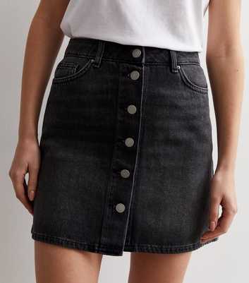 Black Denim Button Front Mini Skirt