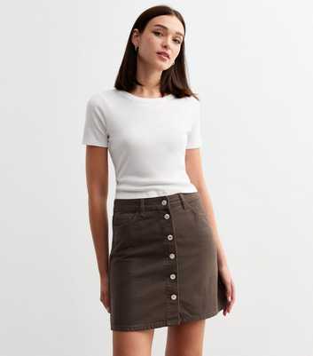 Dark Brown Denim Button Front Mini Skirt