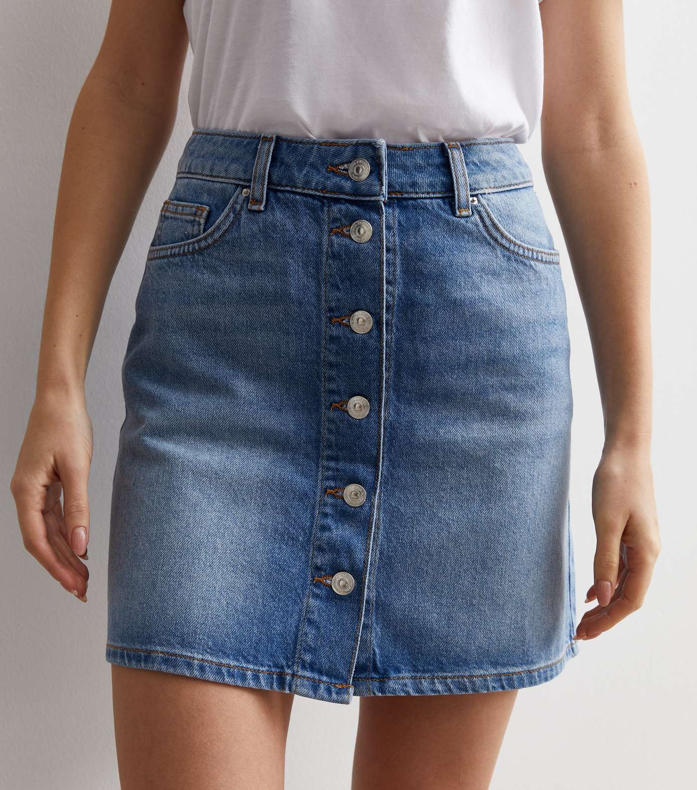 Blue Denim Button Front Mini Skirt Image 2