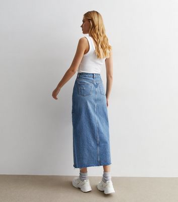 Blue Denim Ripped Midi Skirt New Look