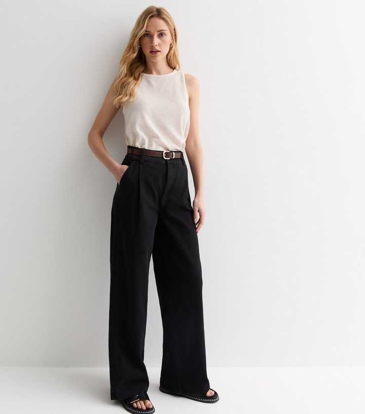Black Denim Belted Wide Leg Trousers