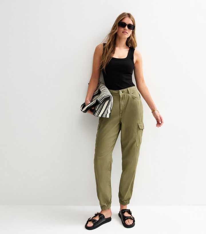 Khaki Denim Cuffed Cargo Trousers