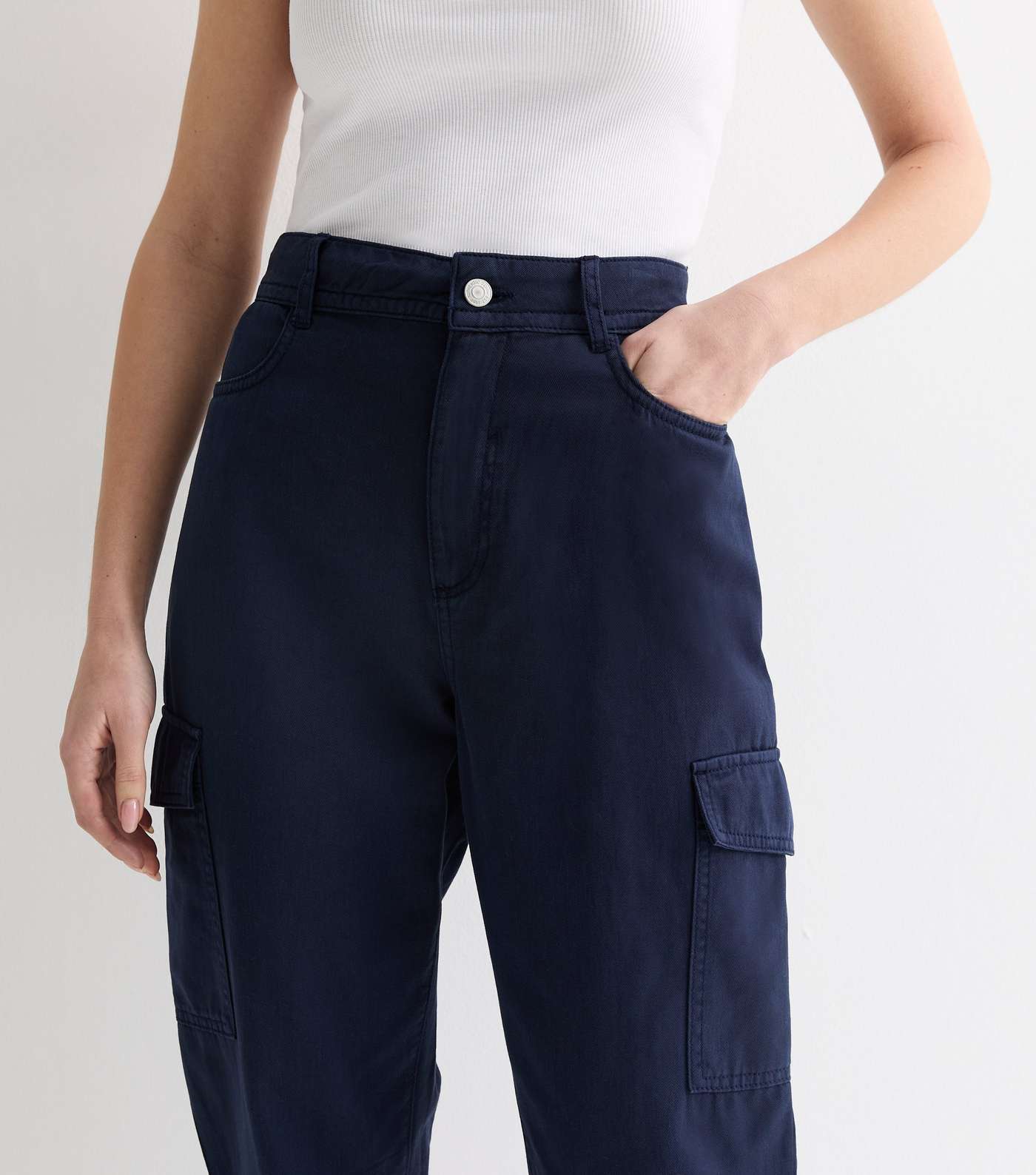 Navy Cotton Cuffed Tapered Cargo Trousers Image 3