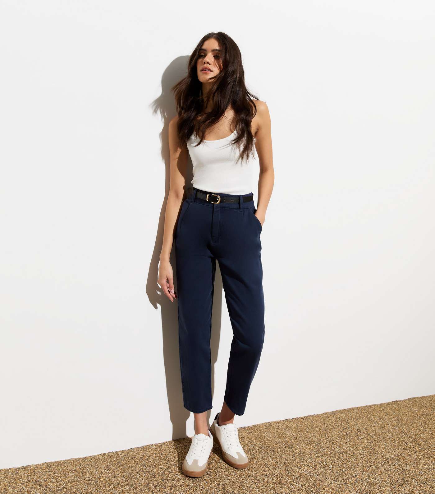 Navy High Waist Tapered Cotton Trousers Image 3