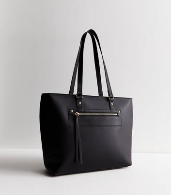 Black Leather Look Zip Front Tote Bag New Look